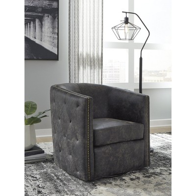 Distressed Black Faux Leather Barrel Swivel Chair