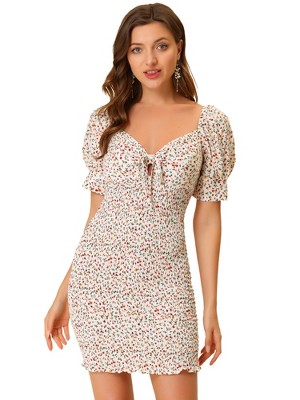 Allegra K Women's Puff Short Sleeve Sweetheart Neck Floral Smocked Bodycon Mini Dress