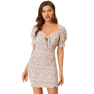 Allegra K Women's Puff Short Sleeve Sweetheart Neck Floral Smocked Bodycon Mini Dress - 1 of 4