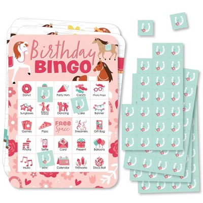 Big Dot of Happiness Run Wild Horses - Picture Bingo Cards and Markers - Pony Birthday Party Shaped Bingo Game - Set of 18