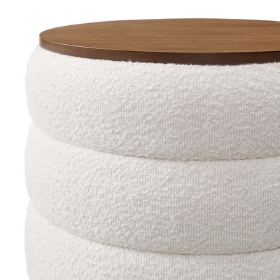 Cloud Boucle Fabric Round Storage Ottoman with Wood Grain Veneer Lid
