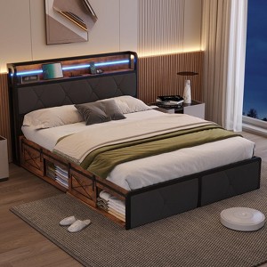 Queen Size Platform Bed Frame with Upholstered Storage Headboard & Bedside Drawers, Brown - 1 of 4