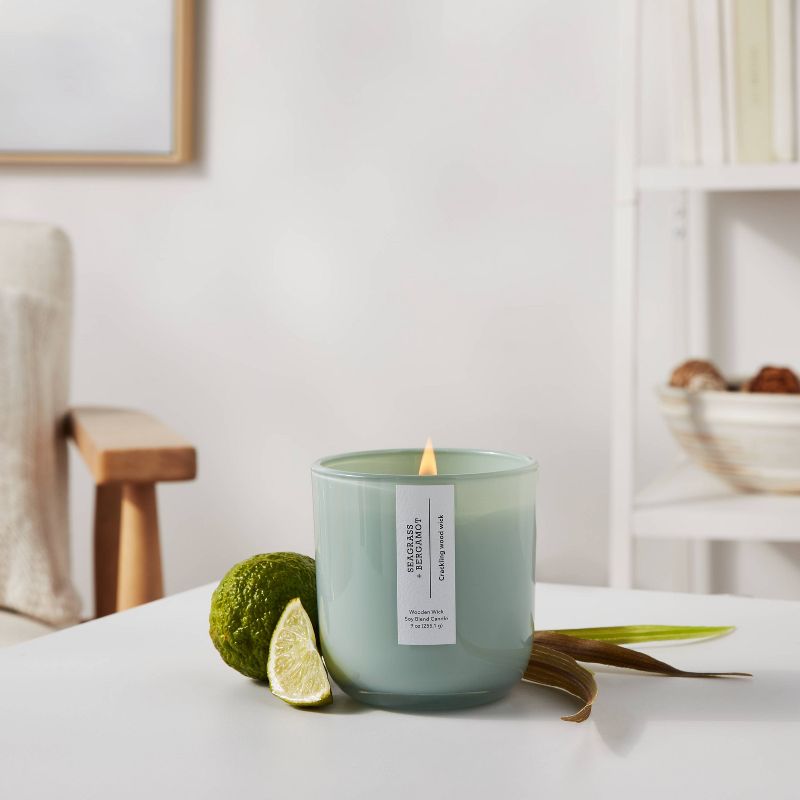Round Base Glass Candle with Wooden Wick Seagrass and Bergamot Green - Threshold™, 3 of 5