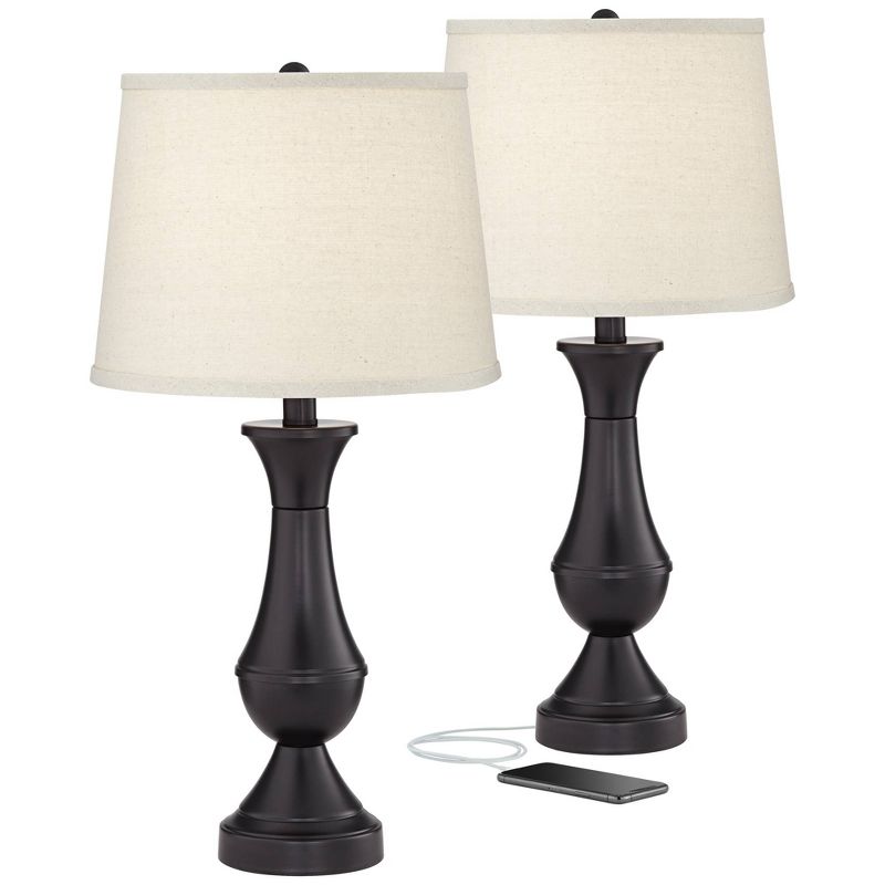 Regency Hill Traditional Table Lamps 25" High Set of 2 with Hotel Style USB Charging Port LED Bronze Oatmeal Shade Touch On Off Living Room Bedroom, 1 of 11