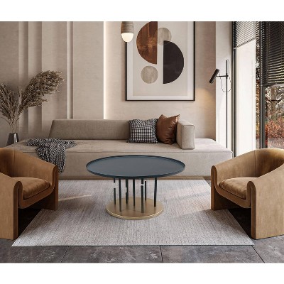 31" Round Matte Black and Brass Metal Coffee Table
