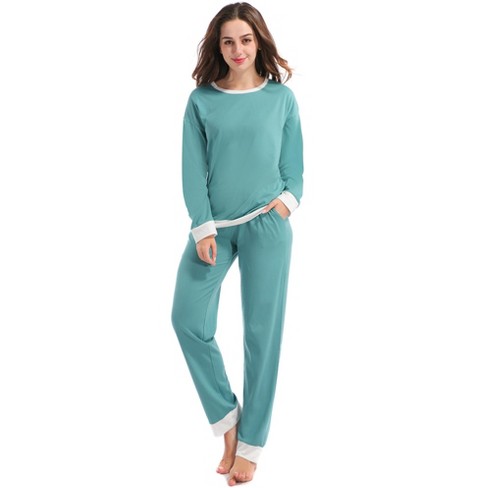 cheibear Womens Lounge Sets Long Sleeves Round Neck Soft with Pants  Sleepwear Pajamas Green X Large