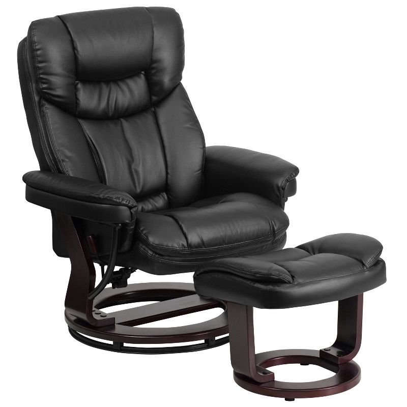 Flash Furniture Contemporary Multi-Position Recliner and Curved Ottoman with Swivel Mahogany Wood Base, 1 of 15