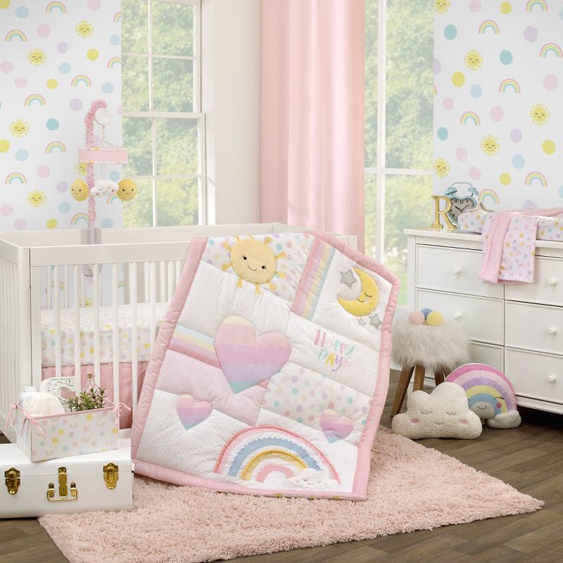 NoJo Happy Days Pink, White, and Yellow Rainbows and Sunshine 4 Piece Nursery Crib Bedding Set, 1 of 10