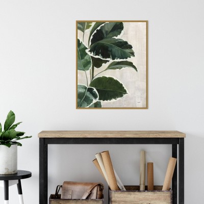 Large Green Leaf Study on Off-White Canvas with Gold Frame