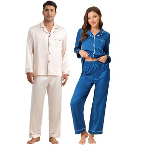 INSPIRE CHIC Couples Satin Pajamas Sets Button Down Long Sleeve 2 Pack Soft Loungewear - 1 of 4