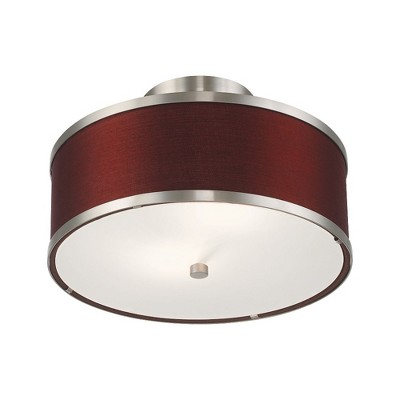 Brushed Nickel 2-Light Semi-Flush Mount with Red Wine Fabric Shade