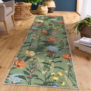 Floral Print Area Rugs Farmhouse Accent Rug with Non-Slip Backing, Washable Soft Low Pile Indoor Floor Mats for Bedroom, Living Room - 1 of 4