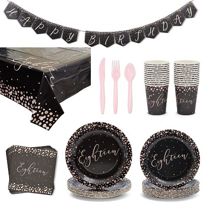 Sparkle & Bash 170-Piece Serves 24 for 18th Birthday Party Supplies, Plate, Napkin, Tablecloth, Banner, Cup & Cutlery