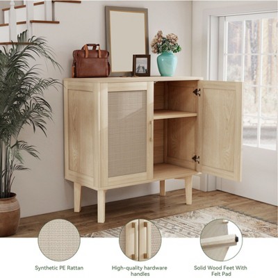 Rattan Accent Buffet Cabinet, Solid Wood Base