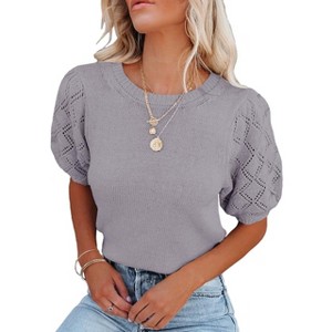 Women's Lightweight Short Sleeve Crewneck Sweaters Knit Pullover Tops with Casual Crochet Sleeve Blouse,Gray - S - 1 of 3
