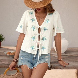 Women's V Neck Short Sleeve Floral Embroidery Front Tie Blouse Tops - 1 of 4