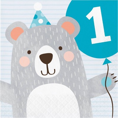 48ct Bear Print 1st Birthday Disposable Napkins