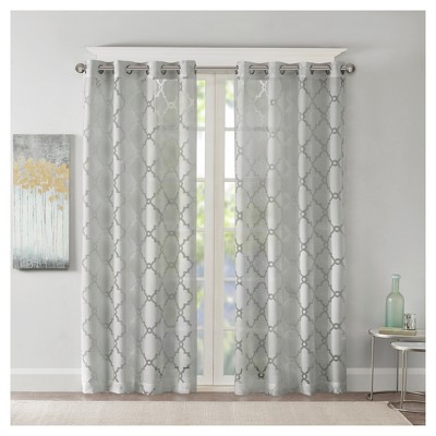 Gray Sheer Grommet Top Fretwork Curtain Panel 50x95