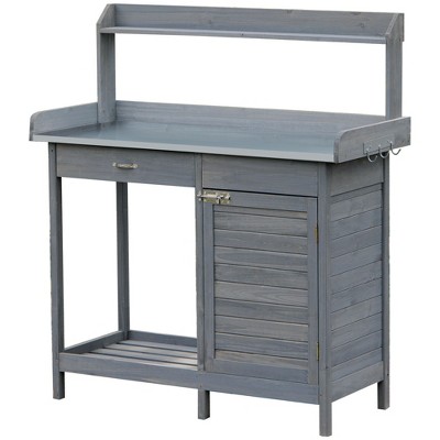 NicBex Outdoor Potting Bench Table Garden Planting Work Bench Table with Storage Cabinet and Side Hooks,Sturdy Steel Tabletop,Gray