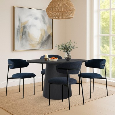 5-Piece Modern Dining Set for 4 ,Black Wood Round Dining Table & Armless Upholstered Linen Dining Chairs for Dining Room-Tanpinhause
