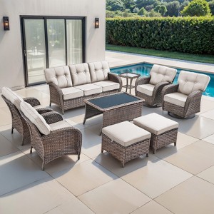 Belord Brown Wicker 9 Piece Patio Furniture Set with 5" Thick Cushions, Outdoor Patio Furniture Set with Swivel Gliding Rocker Chairs and Club Chairs - 1 of 4
