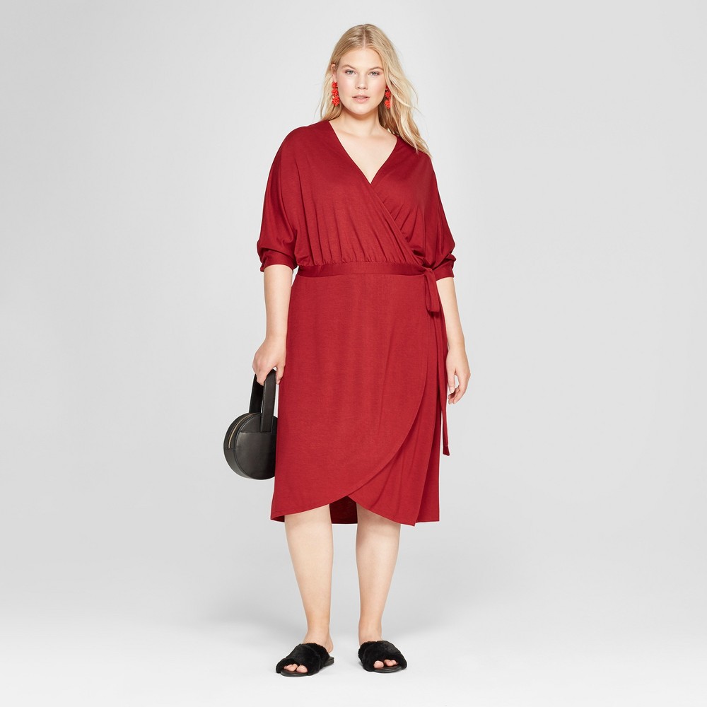Women's Plus Size Knit Wrap Midi Dress - A New Day Burgundy 3X, Size: Small, Red was $27.98 now $13.99 (50.0% off)