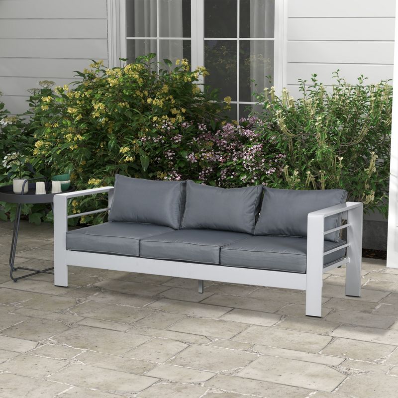 Outsunny Aluminum Cushioned Patio Furniture, Wide Armrests Outdoor Sofa, for Garden, Balcony, Gray, 3 of 7