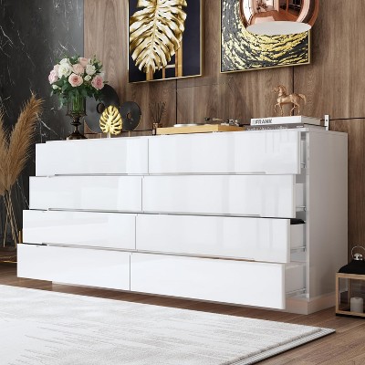 White Glossy 51.5'' Wooden Dresser with 8 Deep Drawers