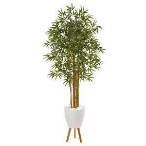 Nearly Natural 74-in Multi Bambusa Bamboo Artificial Tree in White Planter with Stand - 1 of 2