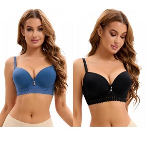 INSPIRE CHIC 2 Pcs Women's Lace Trim Underwire Adjustable Straps Plus Cup Size Push Up Bras - 1 of 4