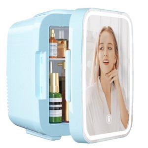 YASHE 4L Skincare Mini Fridge with LED Mirror, Cooler & Warmer, Portable, for Makeup, Cosmetics, Food, Bedroom, Vanity, Office, Car — Blue - 1 of 4