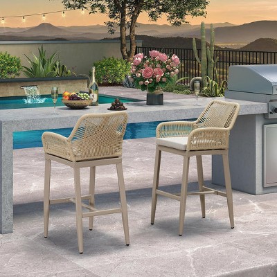 PURPLE LEAF Outdoor Rattan Bar Stools Set of 2 Modern Boho Aluminum Patio Bar Height Chair with Cushion for Garden Outdoor and Indoor