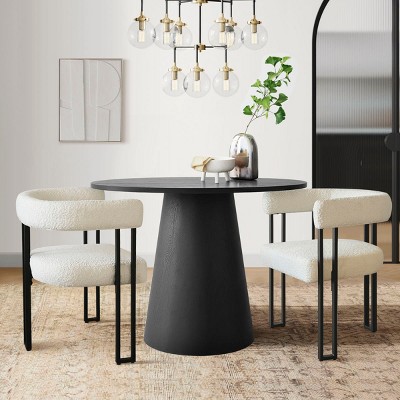 Black Round Pedestal Dining Table Set,beige Boucle Dining Chairs And 35 ...