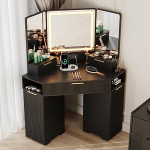 Corner Vanity Desk,Vanity Table with Lighted Mirror,Fluted Makeup Desk with Drawers and Cabinets - 1 of 4