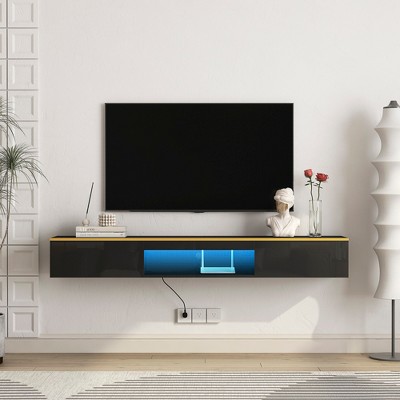 69" Floating Wall Mounted TV Stand with 16-Color LED Lights and 4 Flashing Modes, Modern Floating Media Console with Storage for 65 Inch TVs
