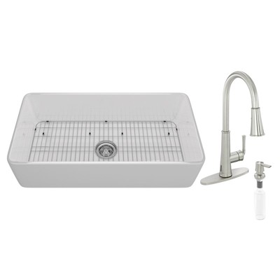 CASAINC 36'' Rectangular Single Bowl Fireclay Farmhouse Apron Kitchen Sink with Touchless Kitchen Faucet, White