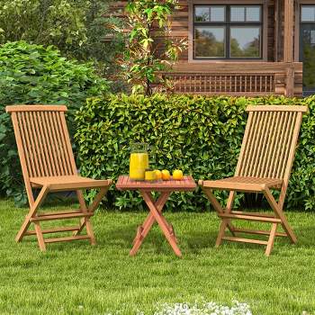 Costway 3PCS Patio Bistro Set Square Table Indonesia Teak Wood Folding Chair Slatted Tabletop Seat