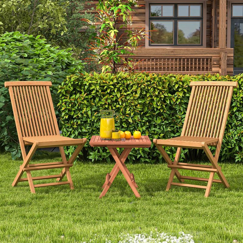 Costway 3PCS Patio Bistro Set Square Table Indonesia Teak Wood Folding Chair Slatted Tabletop Seat, 1 of 10