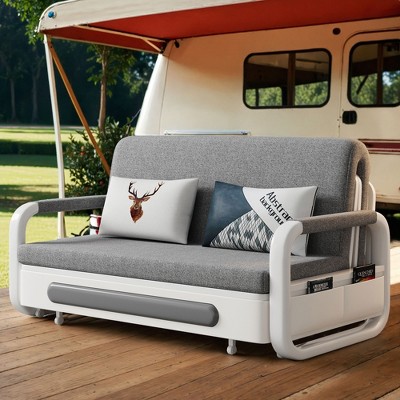Luck Live Modern Patio Sofas 62.2in extendable pull Outdoor Sofa bed,Solid wood & White metal frame/Gray cushion with storage function