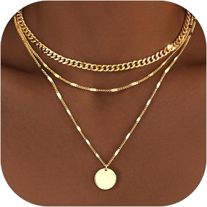 14K Gold Silver Plated Layered Necklace CZ Circle Cuban Chain Waterproof Gift Gold-Circle - 1 of 4