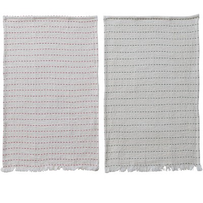 Storied Home 2-Piece Slub Tea Towel with Hand-Embroidered Kantha Stitch and Frayed Edges, Red and Green