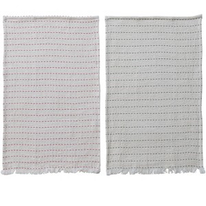 Storied Home 2-Piece Slub Tea Towel with Hand-Embroidered Kantha Stitch and Frayed Edges, Red and Green - 1 of 1