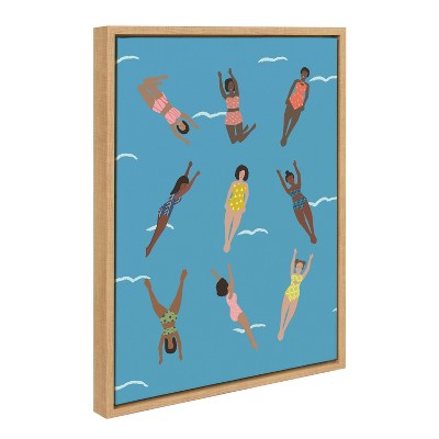 Natural Framed Canvas Print with Swimmers in Bright Colors