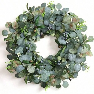24 Inch Eucalyptus Wreath Front Door Green Spring Summer Decor with Olive Leaves Berries Handmade Year - Round Door Decor - 1 of 4