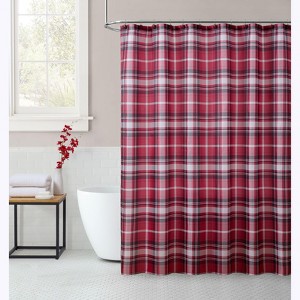 Kate Aurora Tis' The Season Holiday Christmas Plaid Fabric Shower Curtain With 12 Matching Hooks - 1 of 4