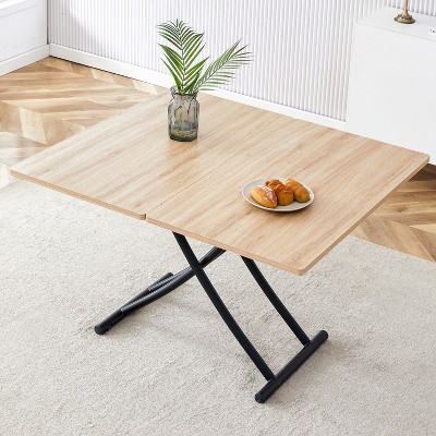 Modern Minimalist Multifunctional Lift Table, Rectangular Coffee Table with 0.8" Tabletop and Black Metal Legs