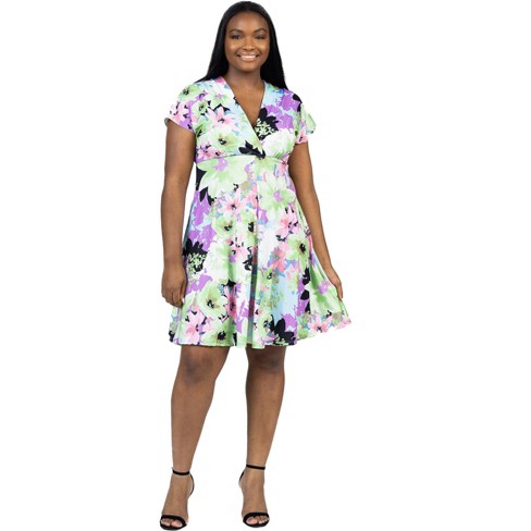 24seven Comfort Apparel Plus Size Floral Print V Neck Empire Waist Cap  Sleeve Knee Length Dress-Multicolored-1X