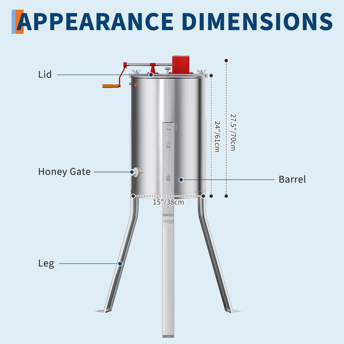 2/4 Frame Manual Honey Extractor, Stainless Steel Beekeeping Spinner with Adjustable Height Stand, Clear Lid, Fits 4 Deep Medium Shallow Frames - thumbnail 5