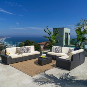 8-Piece Outdoor Seating Set, Rattan Conversation Set with Coffee Table and Side Tables, Sofa with Iron Frame and Foam Cushions-Coolbibila - 1 of 4