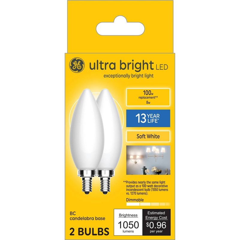 GE 2pk 8 Watts Soft White Candelabra Base Ultra Bright LED Decorative Light Bulbs, 5 of 8